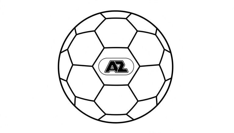 Zwart-wit kleurplaat van een voetbal met het AZ logo in een ovaal kader