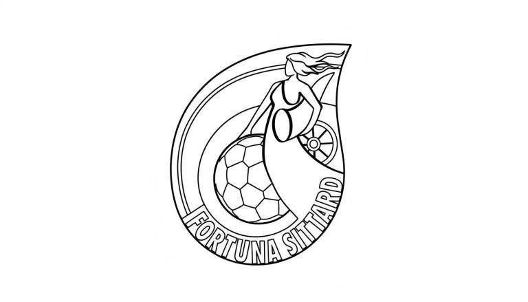 Kleurplaat van het Fortuna Sittard logo: een godinfiguur met wapperend haar, die een voetbal, een hoorn van overvloed en een wiel vasthoudt, met de tekst 'FORTUNA SITTARD' aan de onderkant.