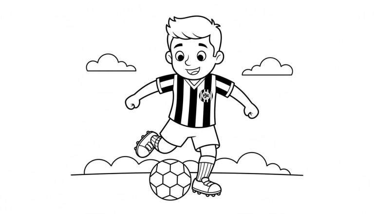 Kleurplaat van een lachende jongen in Roda JC voetbaltenue die een voetbal trapt, met de letters 'Jc' op zijn shirt en wolken op de achtergrond.