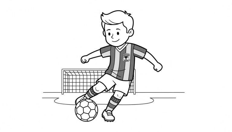 Zwart-wit lijntekening van een lachende jongen in Go Ahead Eagles tenue die een voetbal schiet voor een doel.