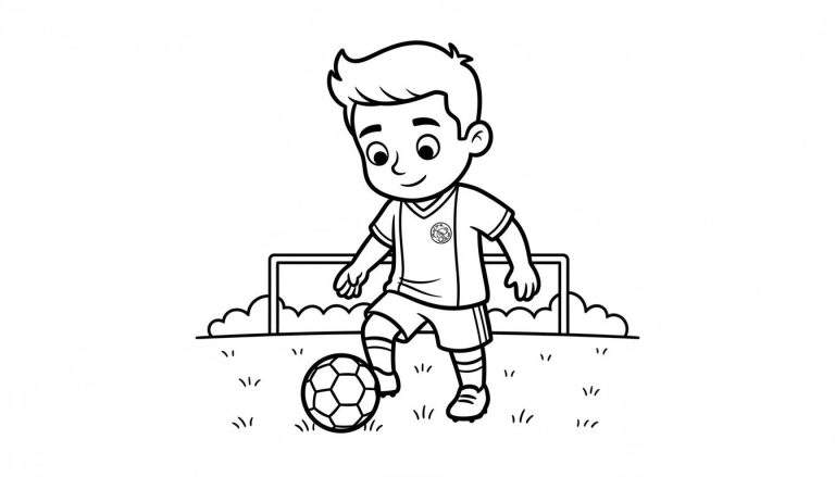 Ajax voetbal kleurplaat van een dribbelende jongen in voetbaltenue op een grasveld, met een deel van een voetbaldoel op de achtergrond.