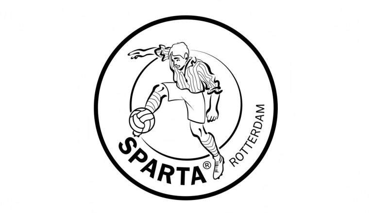 Zwart-wit kleurplaat van het Sparta Rotterdam logo met een snorrende voetballer die een voetbal controleert, en de teksten Sparta en Rotterdam.