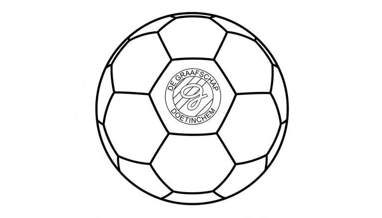 Kleurplaat: Voetbal met De Graafschap logo, inclusief de teksten 'DE GRAAFSCHAP' en 'DOETINCHEM' en een gestileerde 'G'.