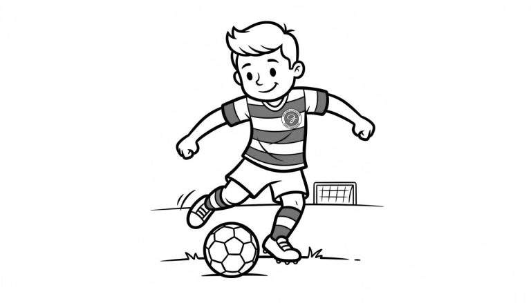 Kleurplaat van een lachende jongen in De Graafschap voetbaltenue die een bal schopt, met een voetbaldoel op de achtergrond. Cartoon stijl.