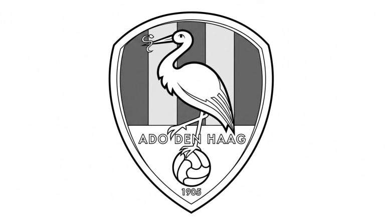 Zwart-wit kleurplaat van het ADO Den Haag logo, met de Haagse ooievaar die een paling vasthoudt, staand op een voetbal, met de tekst 'ADO DEN HAAG 1905'.