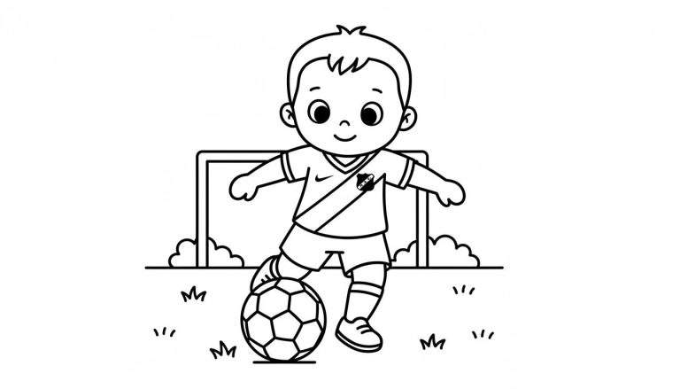 Kleurplaat van een lachend jongetje in een voetbaltenue met een NAC Breda-achtig logo, klaar om een klassieke voetbal te trappen op een grasveld met een doel op de achtergrond.