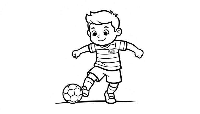 Zwart-wit kleurplaat van een vrolijke cartoon jongen in gestreept PSV-voetbalshirt, die met zijn linkerbeen op een klassieke voetbal staat.
