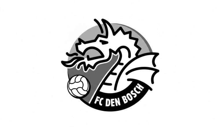 Kleurplaat van het FC Den Bosch logo met een gestileerde drakenkop, voetbal en clubnaam op een lint, alles in zwart-, wit- en grijstinten.