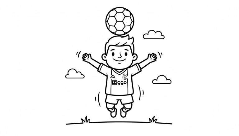 Kleurplaat van een lachende jongen in Ajax tenue, springend met voetbal op zijn hoofd. Met Adidas, Ajax en Ziggo logo's. Wolken en gras op de achtergrond.