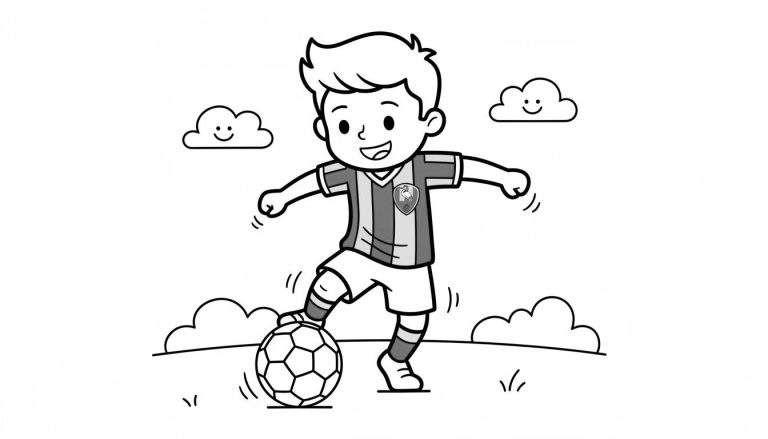 Kleurplaat van een blije jongen in ADO Den Haag tenue met gestreept shirt en logo, staand op een voetbal met zijn linkerbeen, armen wijd, en lachende wolken op de achtergrond.