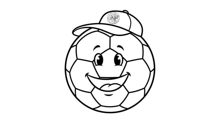 Zwart-wit lijntekening van een vrolijke voetbal met een lachend gezicht, twee blije ogen en een baseballpetje met een mysterieus logo, gerelateerd aan Ajax.