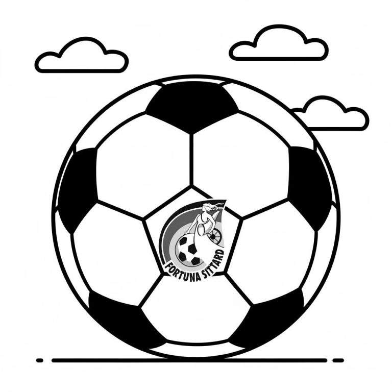 Fortuna Sittard voetbal kleurplaat met logo: vrouw schopt bal op gevleugeld wiel, omringd door 'FORTUNA SITTARD'.