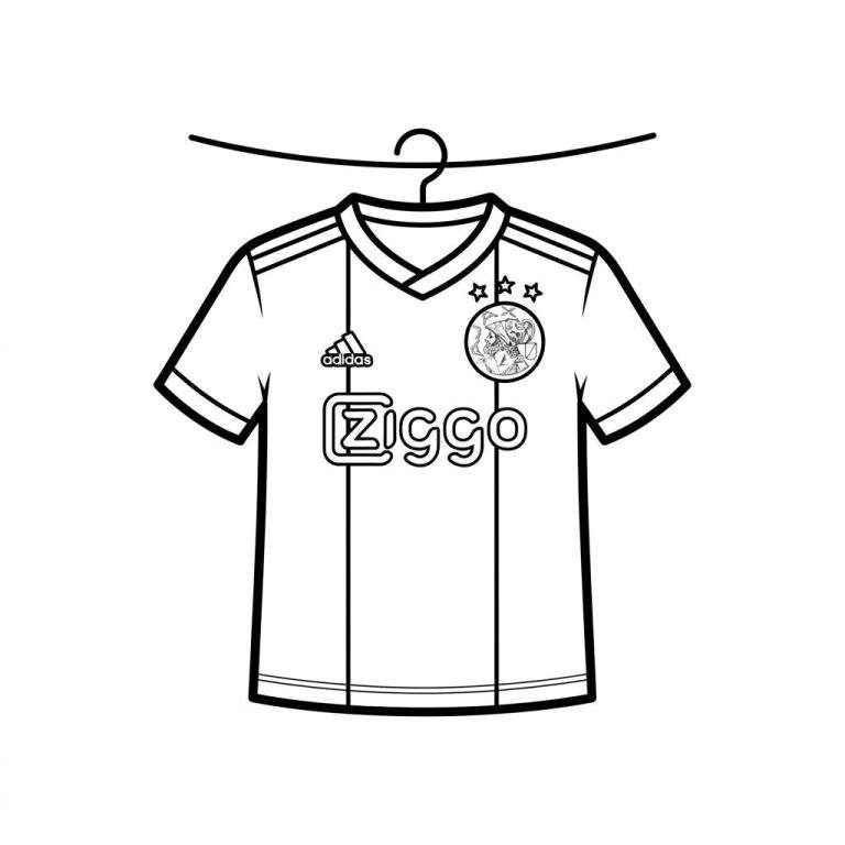 Zwart-witte kleurplaat van een Ajax voetbalshirt (Adidas, Ziggo) met korte mouwen en V-hals, hangend aan een waslijn met kledinghanger. Het clublogo van Ajax met drie sterren is duidelijk zichtbaar.