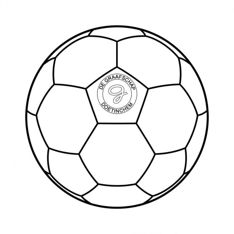 Kleurplaat van een voetbal met het ronde logo van De Graafschap in het midden, inclusief de teksten 'DE GRAAFSCHAP' en 'DOETINCHEM' en een gestileerde 'G'.