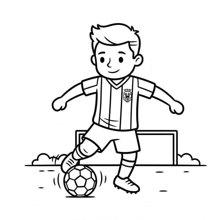 Zwart-wit kleurplaat van een lachende jongen in Willem II tenue die een voetbal dribbelt voor een doel op een grasveld.