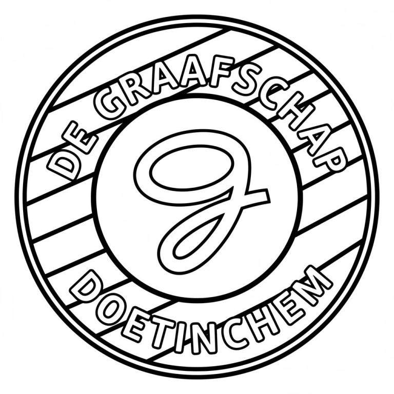 Ronde zwart-wit kleurplaat van het De Graafschap logo. De buitenste ring heeft de teksten 'DE GRAAFSCHAP' bovenaan en 'DOETINCHEM' onderaan, gescheiden door horizontale lijnen. In het midden staat een gestileerde cursieve letter 'G' in een witte cirkel.
