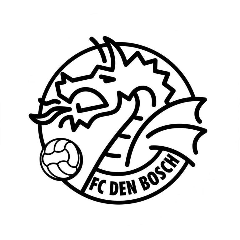 Zwart-wit kleurplaat van het FC Den Bosch logo met een draak die vlammen ademt, een voetbal en de tekst 'FC DEN BOSCH' in een ronde omlijsting.