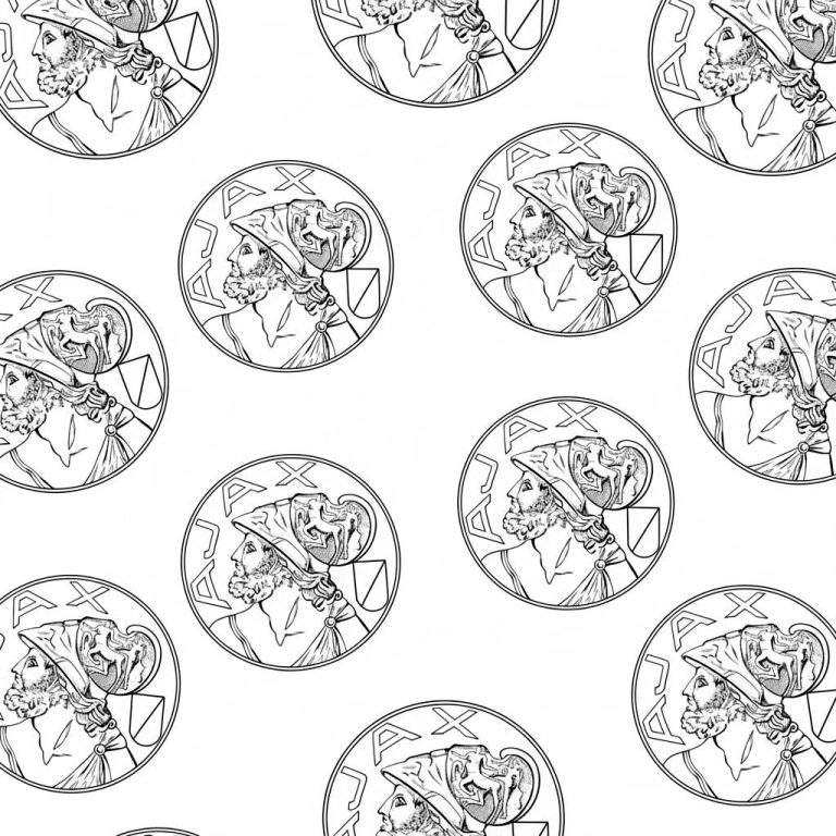 Zwart-wit kleurplaat met een herhalend patroon van cirkels, elk met het klassieke profiel van een bebaarde man met helm, omringd door de letters A, X, J en een schild, in de stijl van oude munten en met het thema Ajax.