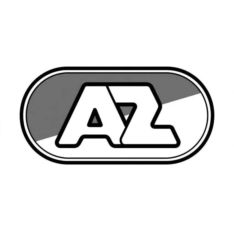 Kleurplaat van het AZ logo, een ovaal ontwerp met een dikke zwarte rand. De achtergrond is schuin verdeeld in donkergrijs (links) en wit (rechts). Daarop staan de witte hoofdletters "AZ" met zwarte omlijning; de A heeft een driehoekig gat en de Z is scherp hoekig.