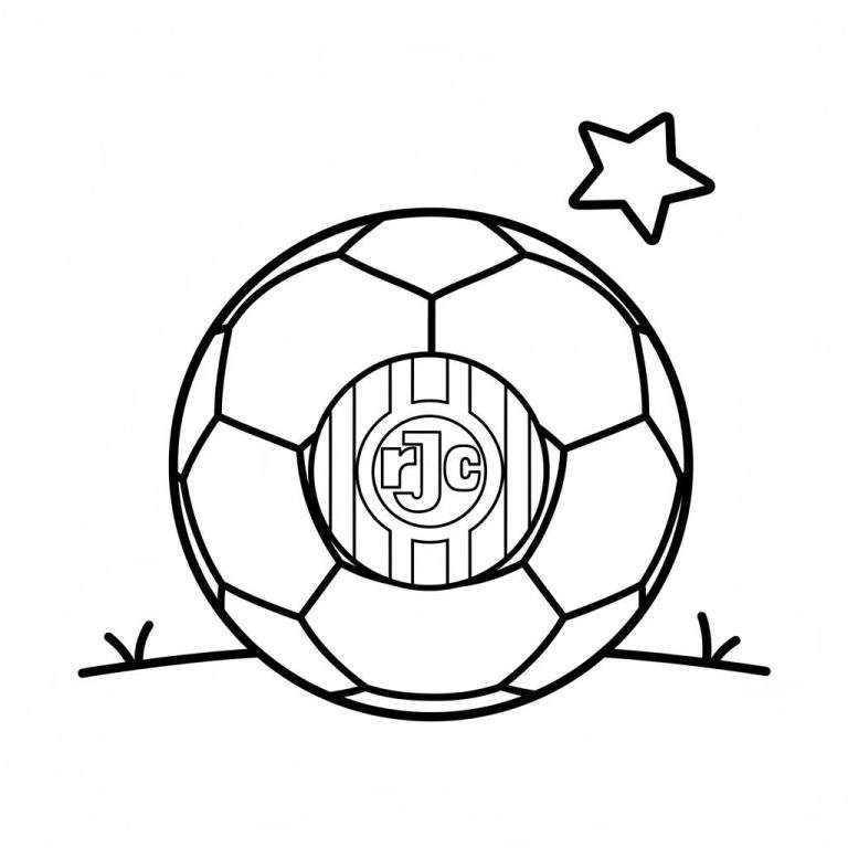 Zwart-wit kleurplaat van een voetbal met Roda JC logo, een ster en bewegingsstreepjes. De voetbal heeft vijfhoekige en zeshoekige vlakken.