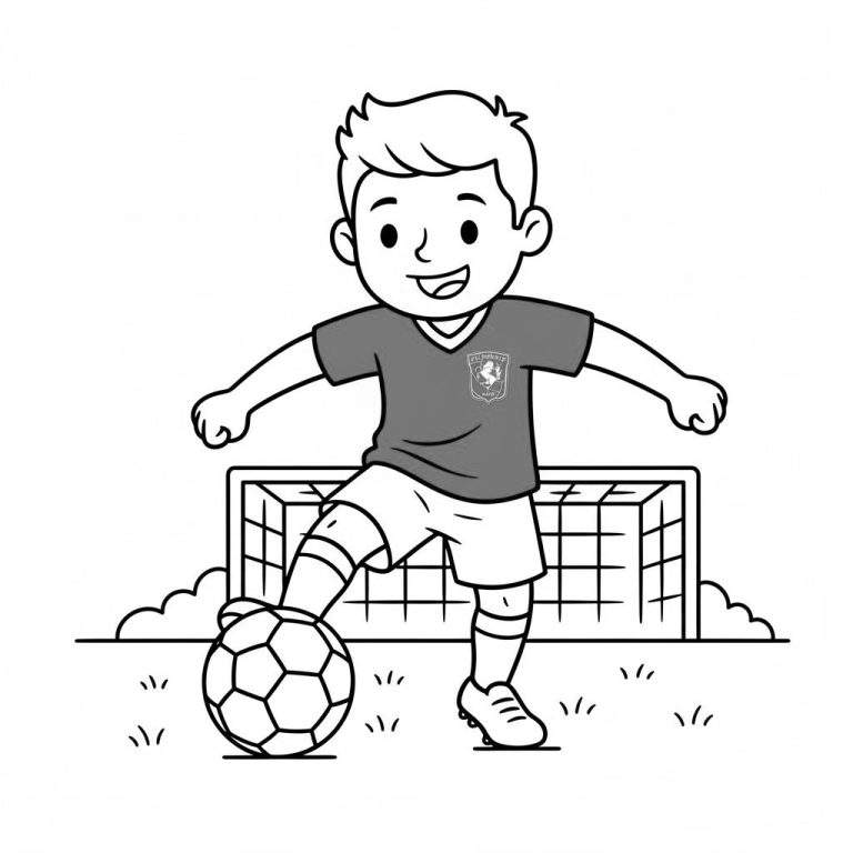 Kleurplaat van een lachende jonge FC Twente voetballer met bal aan de voet, voor een voetbaldoel op een grasveld. Cartoonstijl.