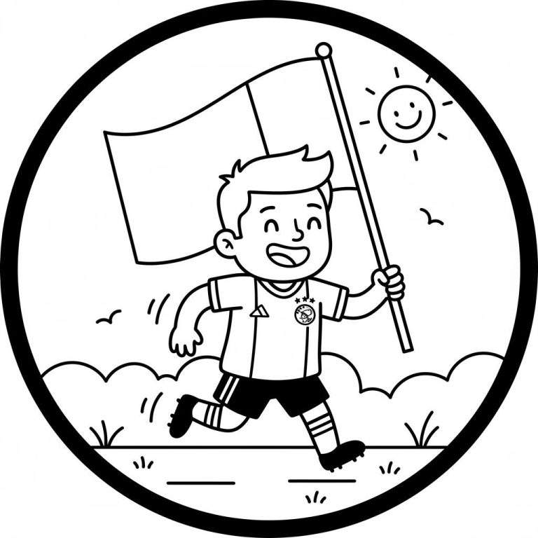 Zwart-wit lijntekening van een vrolijke jongen in Ajax voetbaltenue, rennend en zwaaiend met een vlag. Zijn shirt heeft een logo met drie sterren. Boven hem schijnt een lachende zon.