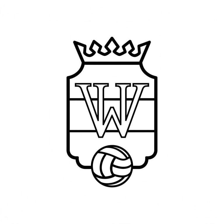Kleurplaat van het VVW (Willem II) volleybal logo. Het logo toont een schild met een kroon, de letters 'VVW' en een volleybal.