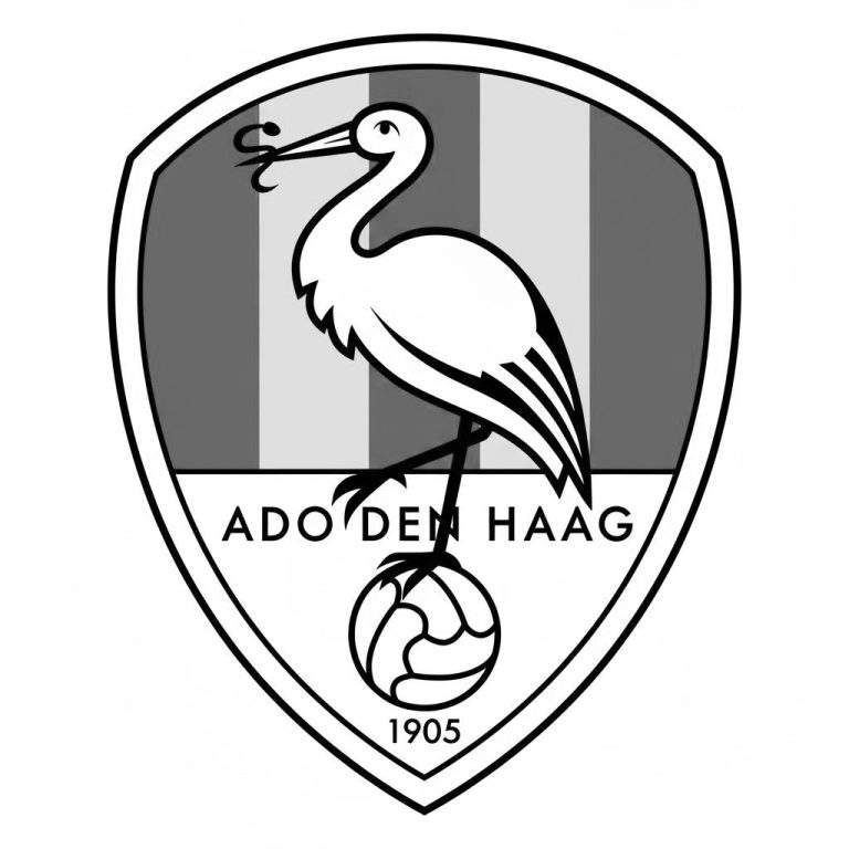 Kleurplaat van het ADO Den Haag logo, met ooievaar die een paling vasthoudt, voetbal en het jaartal 1905, in zwart-wit en grijstinten.