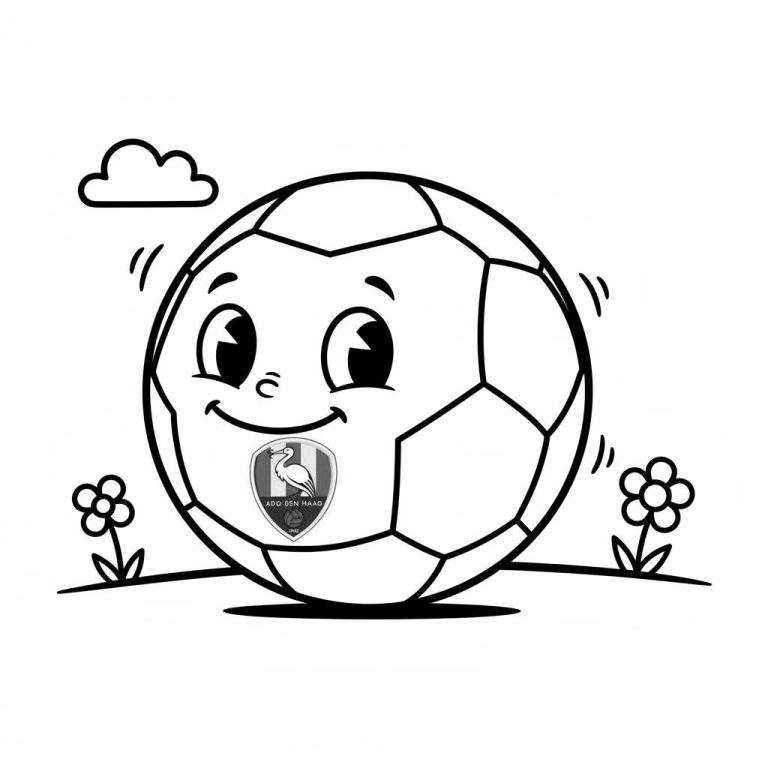 Zwart-wit kleurplaat van een vrolijke voetbal met het ADO Den Haag logo, omringd door twee bloemen en een wolk.