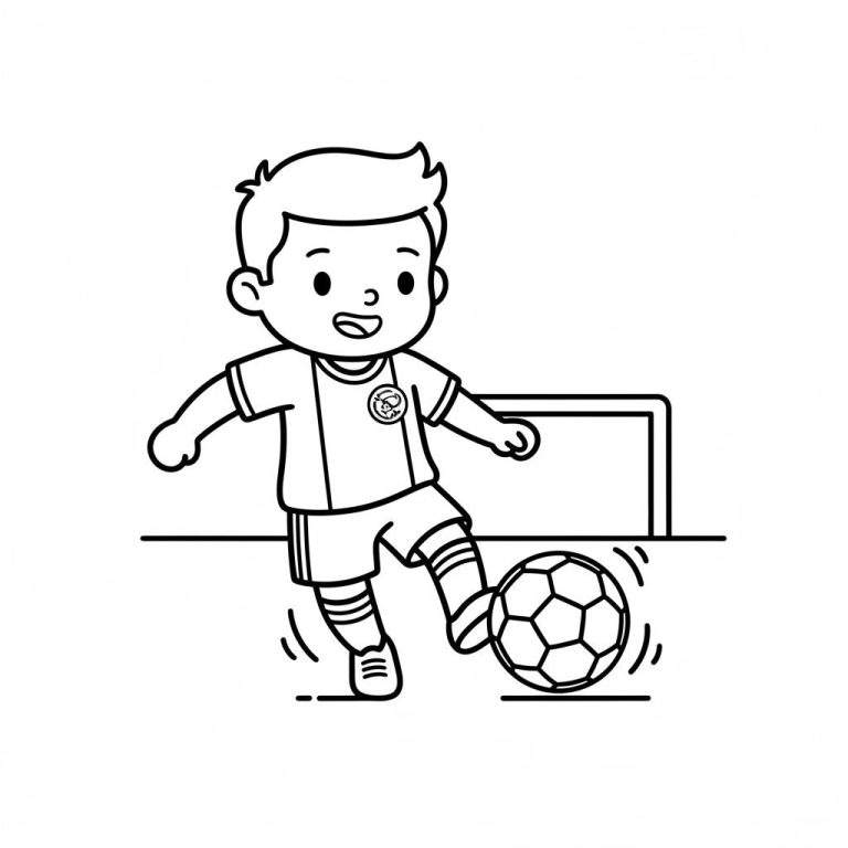 Kleurplaat van een vrolijk jongetje in Ajax voetbaltenue dat een voetbal schiet richting een doel. Beweging gesuggereerd door streepjes.