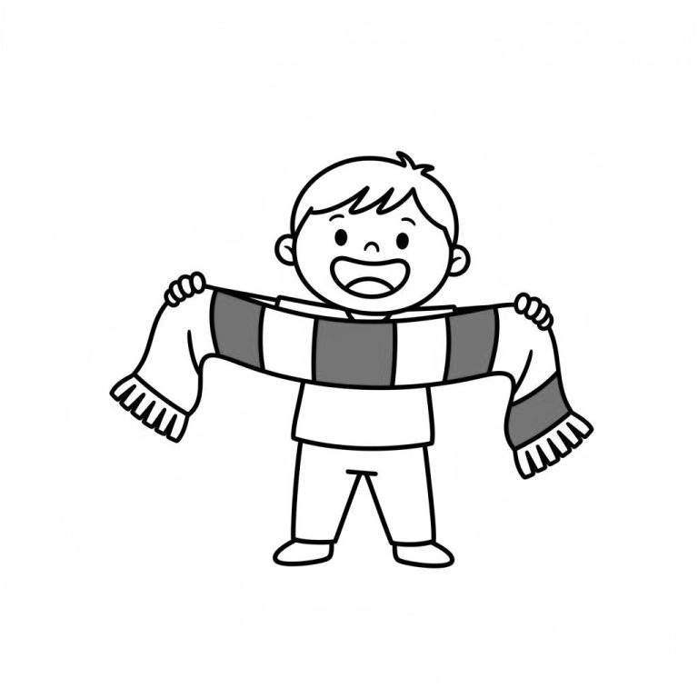 Kleurplaat: Vrolijke cartoonjongen met brede glimlach die een gestreepte sjaal van Ajax vasthoudt.