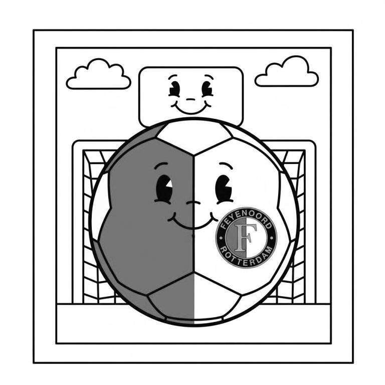 Zwart-wit kleurplaat van een voetbal met het AFC Ajax clublogo in het midden, inclusief het hoofd van de held Ajax, de letters AJAX en drie sterren.