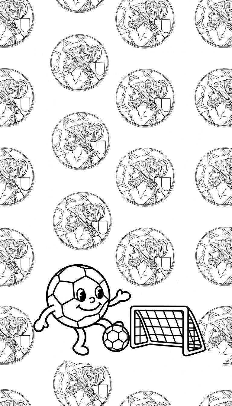 Zwart-wit kleurplaat met vrolijke antropomorfe voetbal die een kleinere bal trapt naast een doel, tegen een achtergrond van munten met profielen van bebaarde mannen en de tekst "PAX". Thema: Ajax.