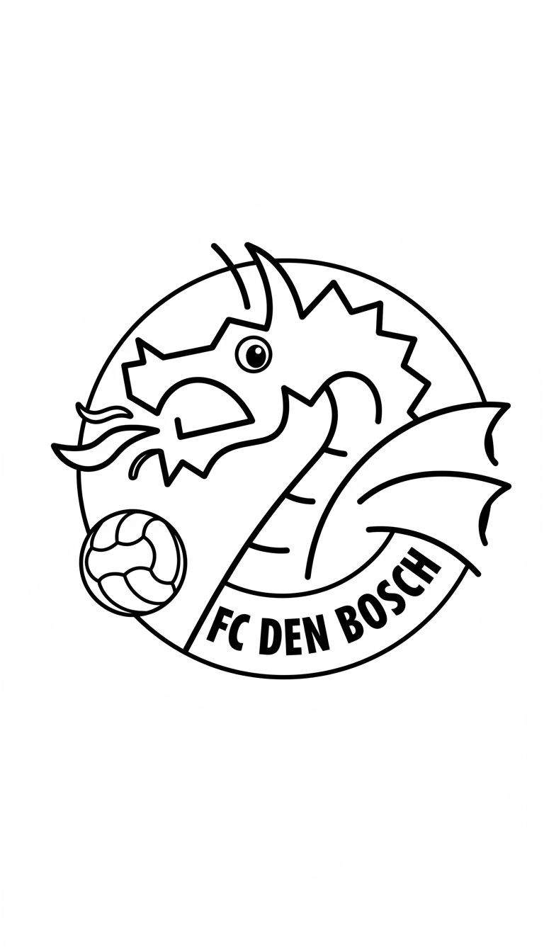 Zwart-wit kleurplaat van het FC Den Bosch logo: cirkelvormig met een gestileerde drakenkop, vleugels, een klassieke voetbal en de gebogen tekst "FC DEN BOSCH".