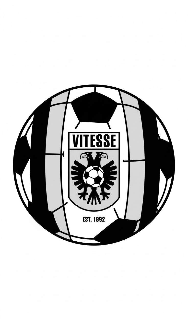 Kleurplaat van het Vitesse voetbalclub logo. Het is een gestileerde voetbal met daarin een wapenschild met 'VITESSE', twee adelaars met gespreide vleugels, een kleine voetbal en de tekst 'EST. 1892'.
