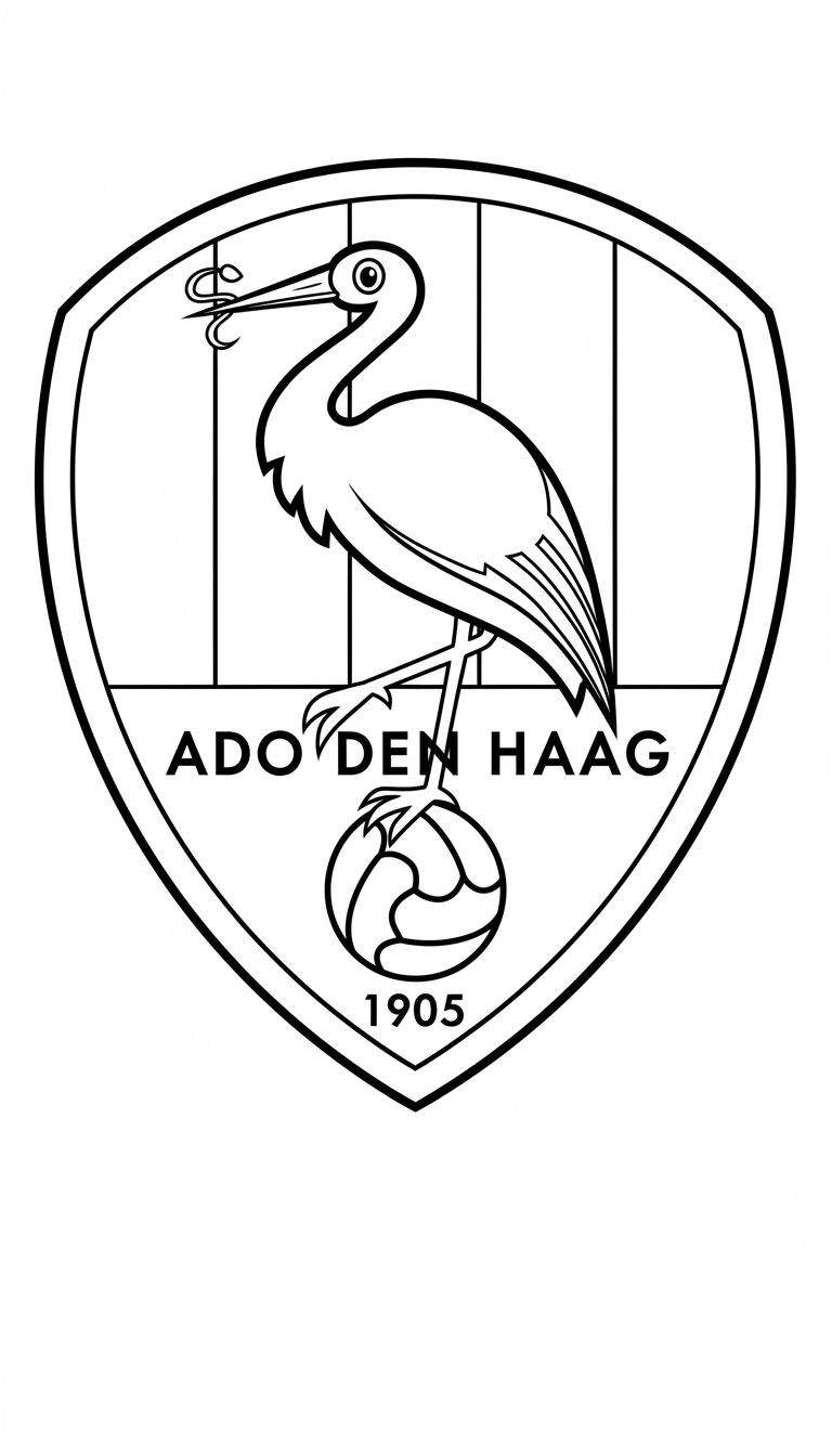 Kleurplaat van het ADO Den Haag logo, een wapenschild met een ooievaar die een slang vangt, ADO DEN HAAG tekst, een klassieke voetbal en het jaartal 1905.