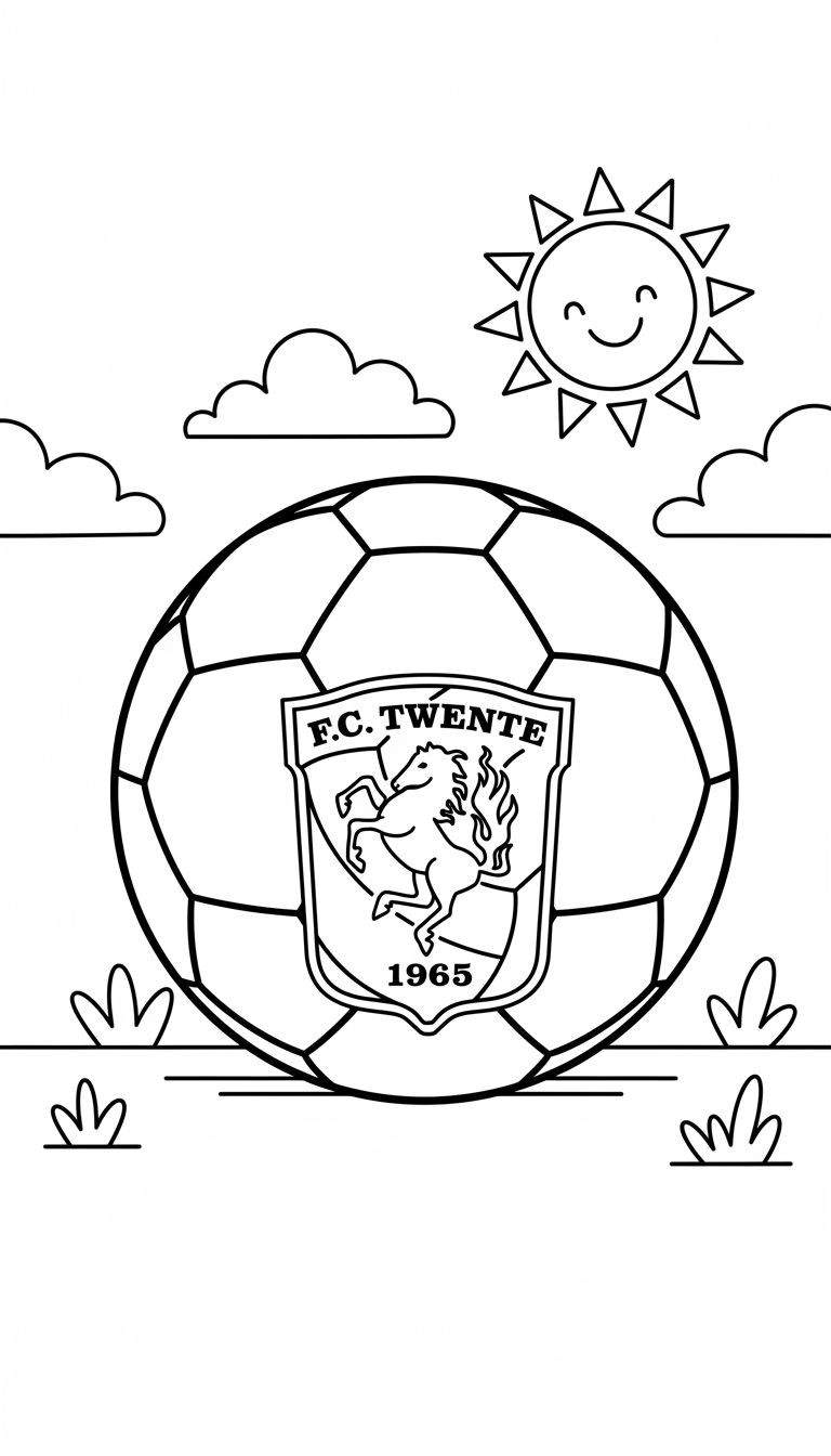 Kleurplaat van een grote voetbal met het FC Twente logo (schild, steigerend paard met vlammen, '1965'), lachende zon, drie wolken en graspluimen. Zwart-wit lijntekening.
