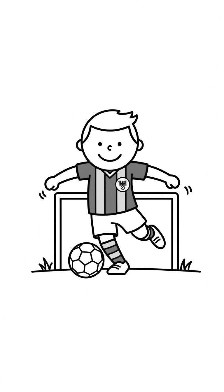 Kleurplaat: Vrolijke jongen in Go Ahead Eagles shirt (adelaar embleem) schopt voetbal. Zwart-wit met doel en gras.