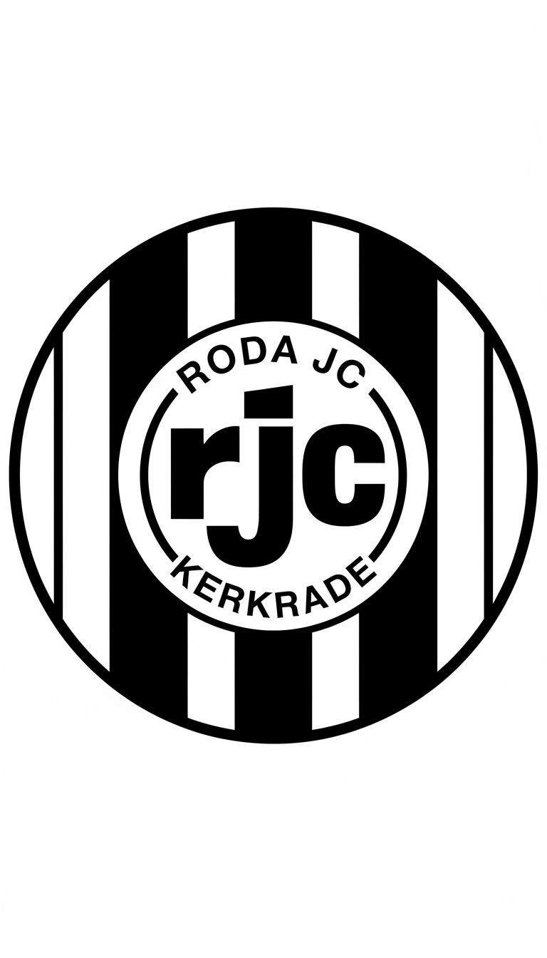 Zwart-wit logo van Roda JC Kerkrade kleurplaat met verticale strepen en tekst RODA JC, rjc, KERKRADE.