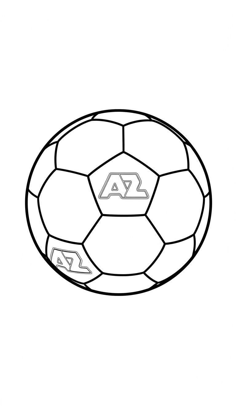 Zwart-wit kleurplaat van een traditionele voetbal met zeshoeken en vijfhoeken. Groot AZ logo met driehoekige A op de voorgrond en een kleiner, vervormd AZ logo onderaan de bal.