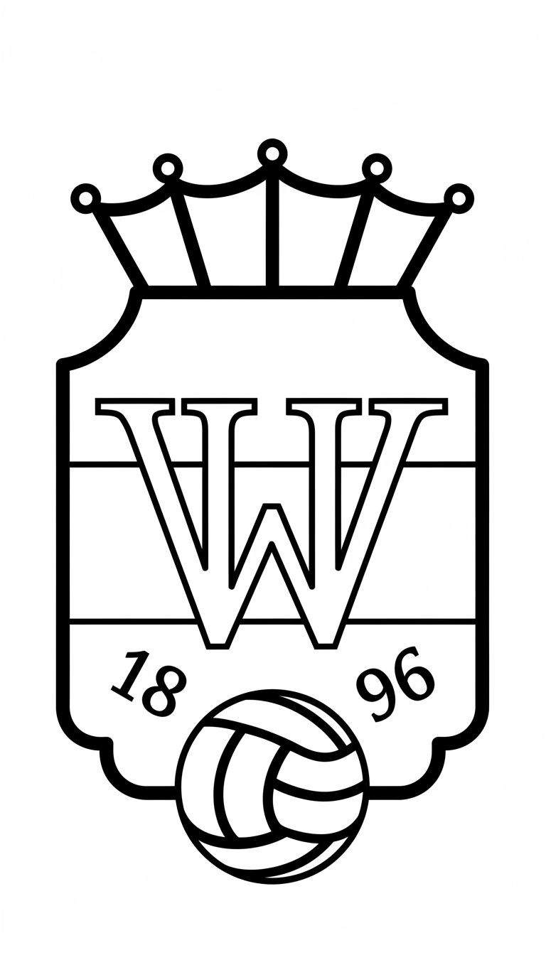 Zwart-wit kleurplaat van het Willem II VVW sportlogo uit 1896. Het embleem bestaat uit een kroon, een schild met daarin de verweven letters "VVW", het jaartal "18 96", en een volleybal aan de onderkant, allemaal omlijnd met dikke zwarte lijnen.