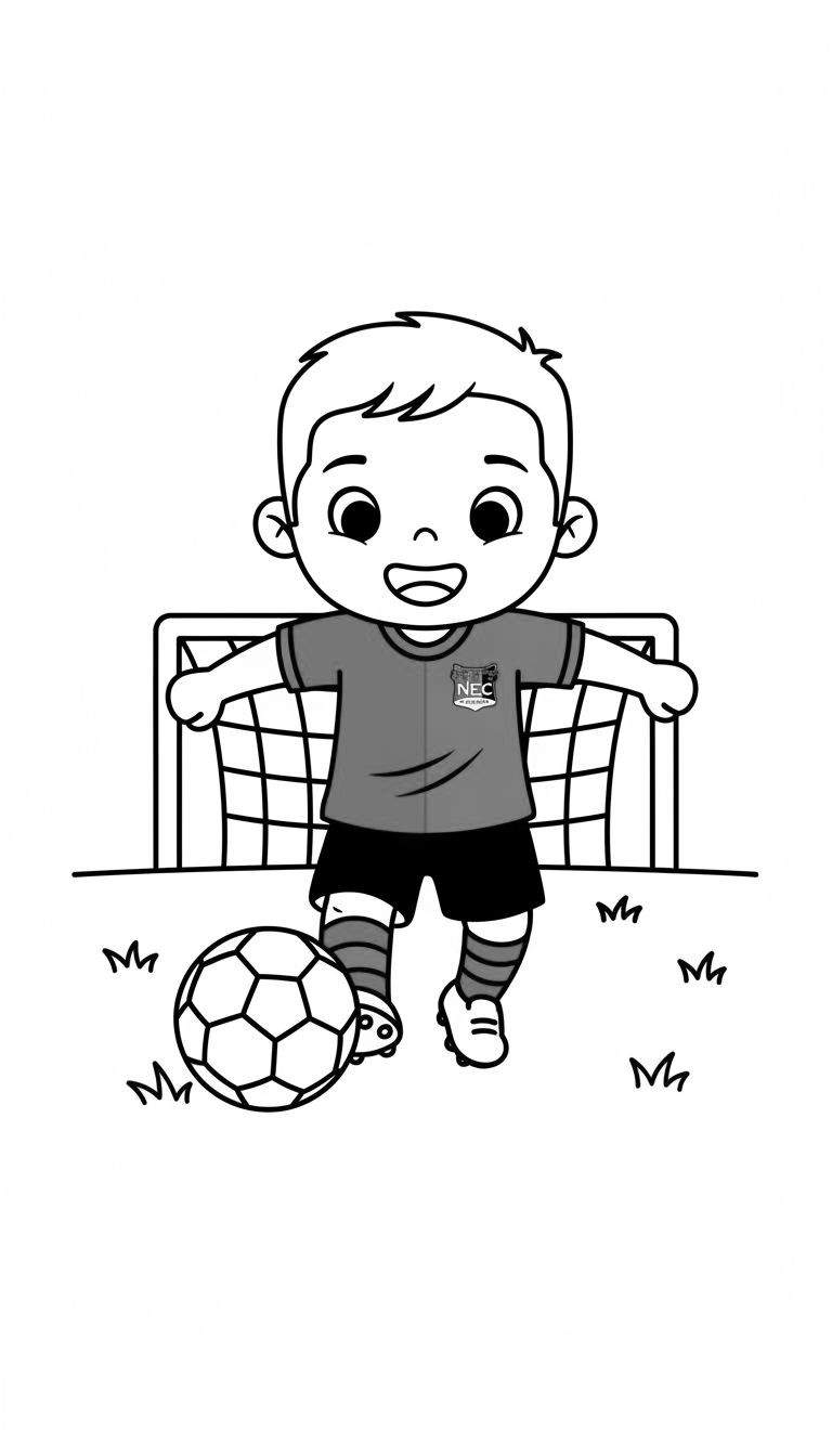 Zwart-wit kleurplaat van vrolijke NEC cartoonjongen in voetbaltenue met bal aan voet en doel op gras.