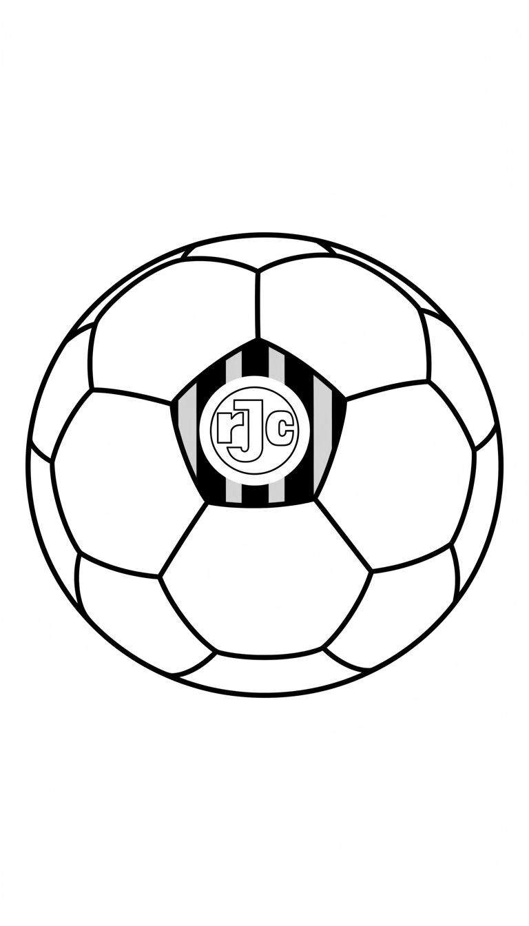Zwart-witte kleurplaat van een traditionele voetbal met een Roda JC-logo (gestileerde "rJc") op een gestreept vlak.
