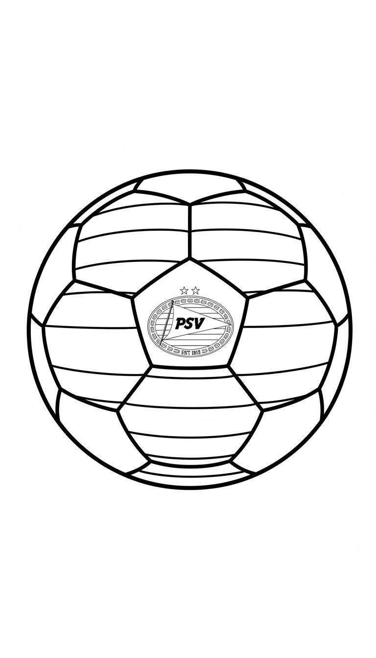 Zwart-witte lijntekening van een klassieke voetbal met PSV-logo, inclusief twee sterren en 'EST 1913', omrand door een krans.