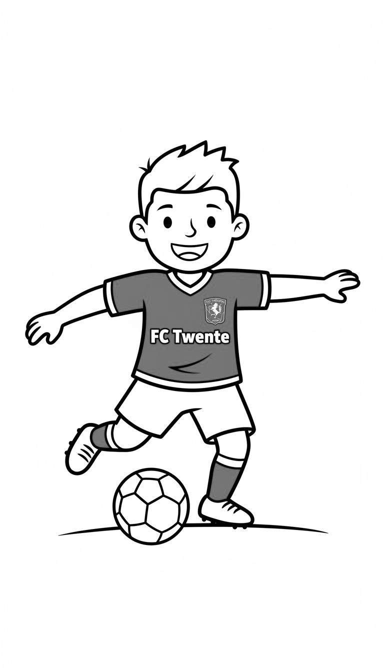 Zwart-wit kleurplaat van een vrolijke jongen in een FC Twente voetbaltenue die tegen een bal trapt.