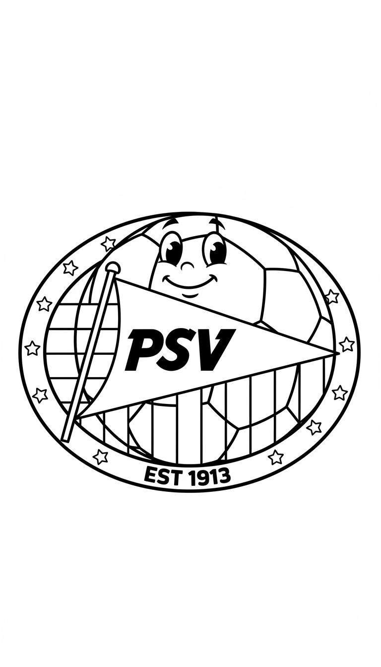 Zwart-wit kleurplaat van een lachende voetbal met een PSV-vlag, omgeven door een ovale rand met sterren en de tekst 'EST 1913'.
