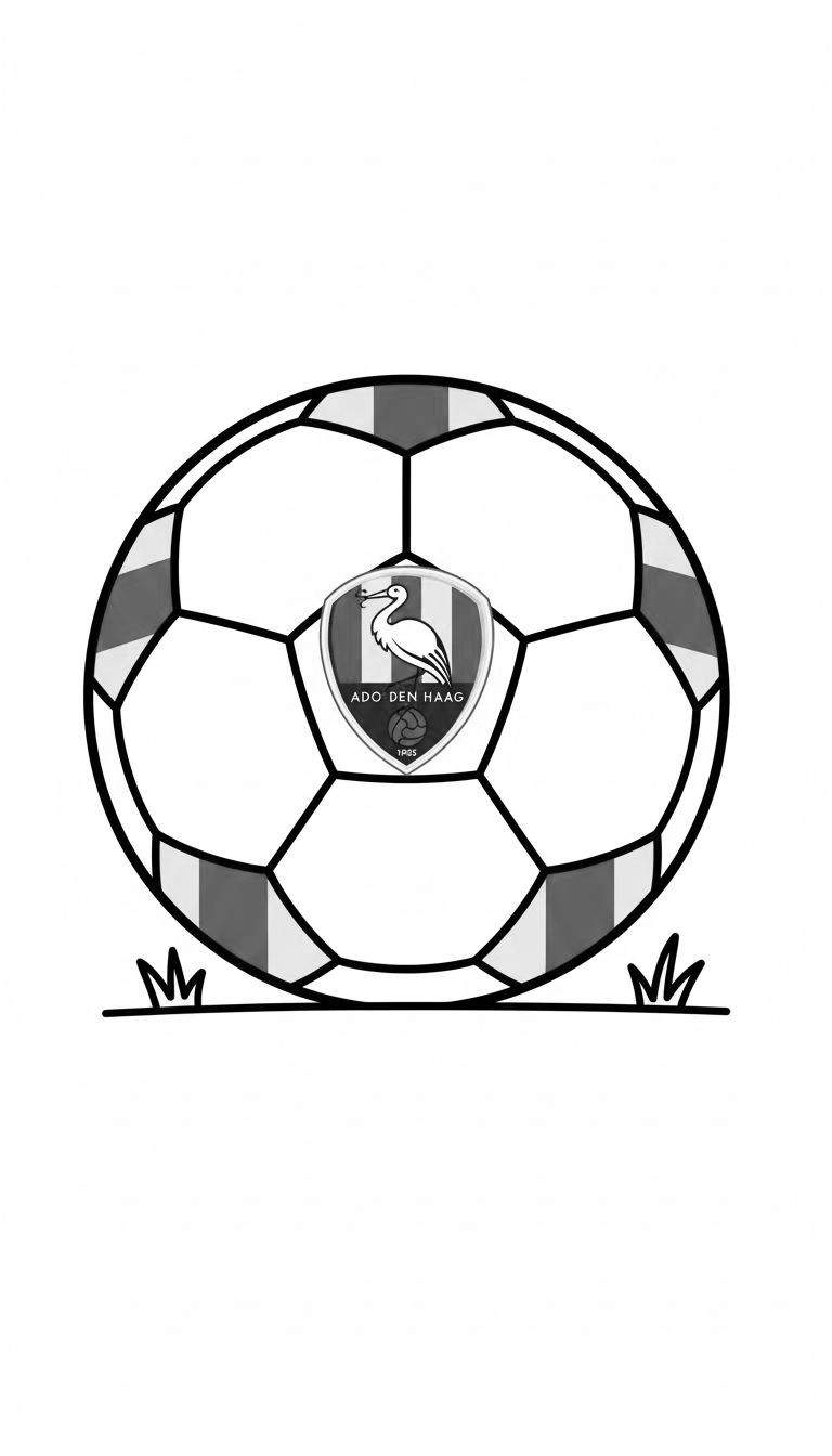 Zwart-wit kleurplaat van een voetbal met het ADO Den Haag logo, inclusief ooievaar, tekst en jaartal 1905, boven graslijnen.