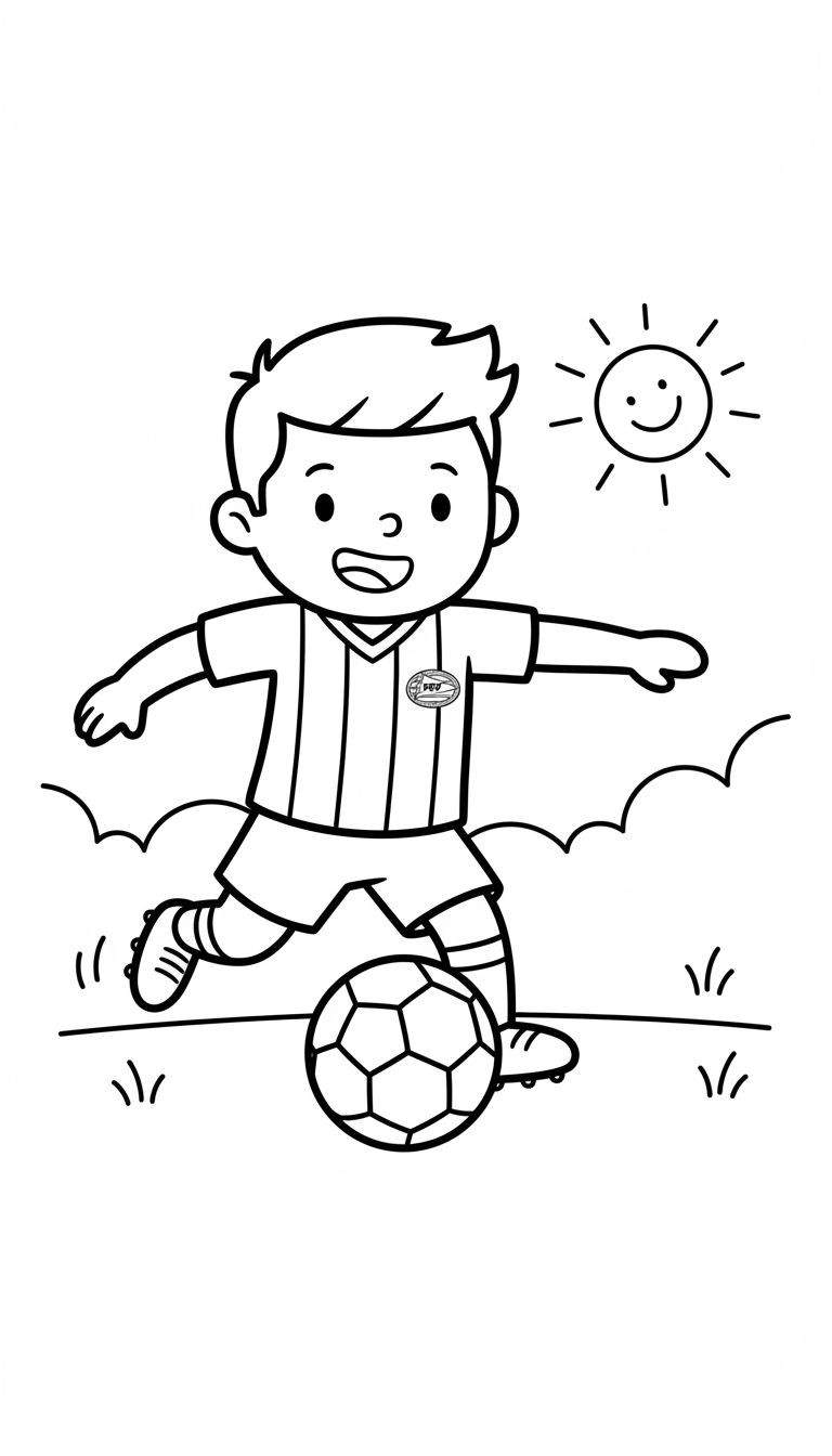 Kleurplaat van een lachende jongen in gestreept voetbalshirt die buiten voetbalt, dribbelend met een bal onder een lachende zon en wolken. PSV thema.