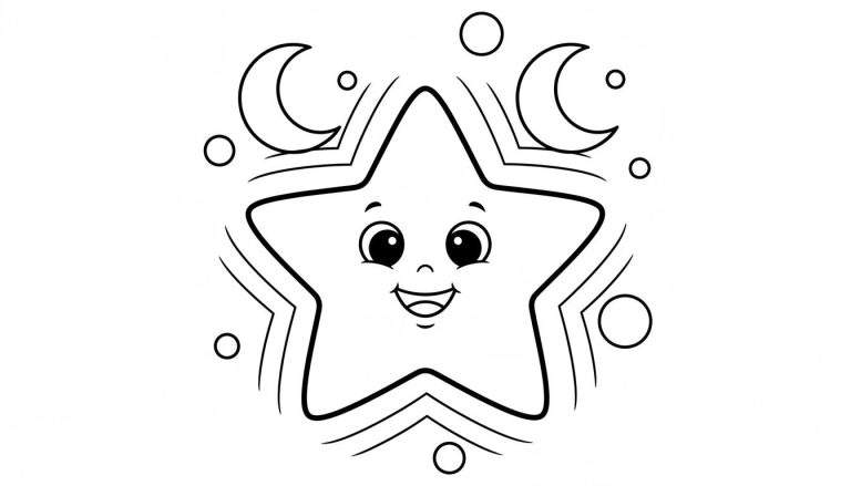 Kleurplaat van een lachende ster met grote ogen en brede glimlach, omringd door twee halve manen en kleine cirkels, met stralingseffecten.