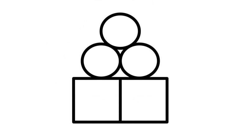 Kleurplaat van gestapelde geometrische vormen: twee zwarte vierkanten onderaan, daarop twee zwarte cirkels, en één zwarte cirkel erbovenop, vormt een abstracte piramide.